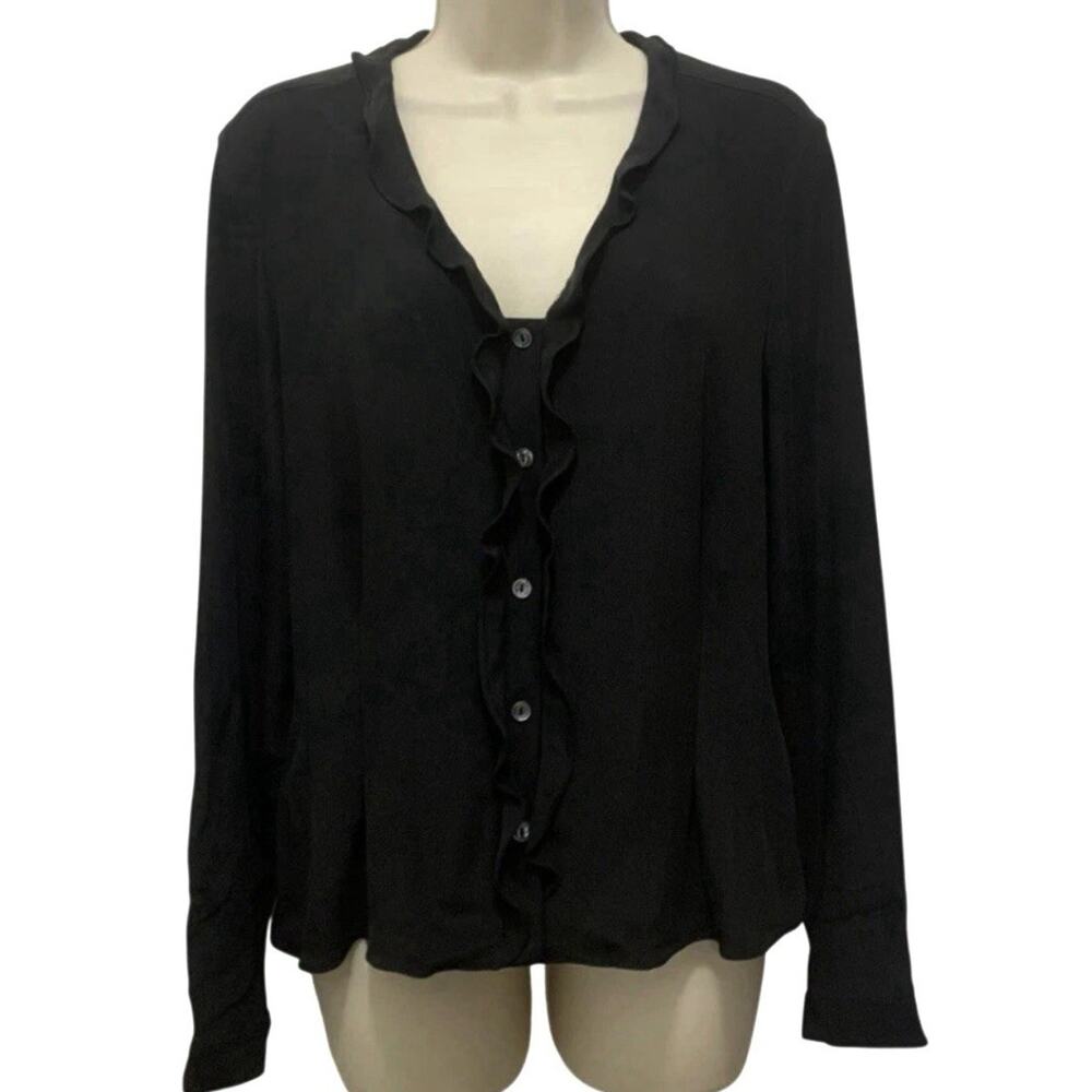 Jones New York Black Silk Blouse Womens 8 Ruffle Button Front Long Sleeve